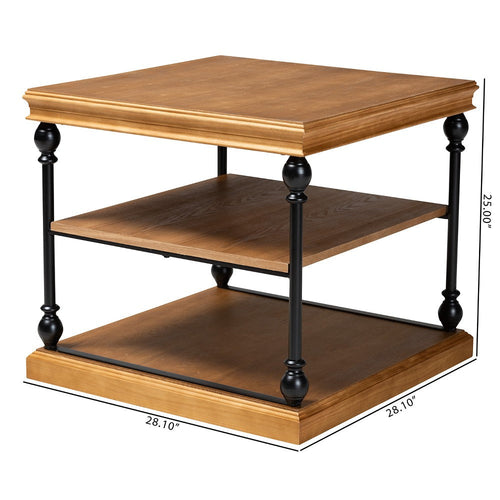 Baxton Studio Sebastian Traditional Industrial Oak Brown Finished Wood and Black Metal 3-Tier End Table