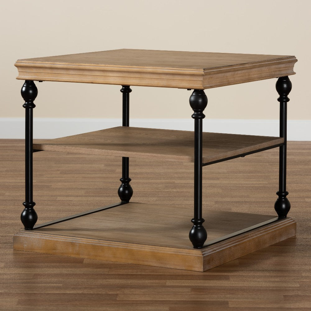 Baxton Studio Sebastian Traditional Industrial Greywashed Wood and Black Metal 3-Tier End Table