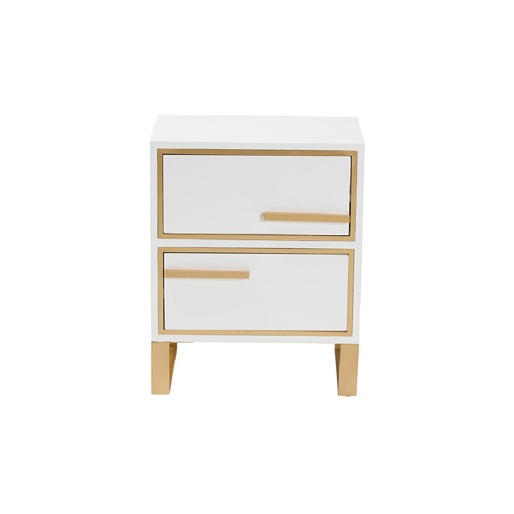 Baxton Studio Giolla Contemporary Glam and Luxe White Finished Wood and Gold Metal 2-Drawer End Table WHI-JY21A014-Wood-Metal-White-Gold-ET