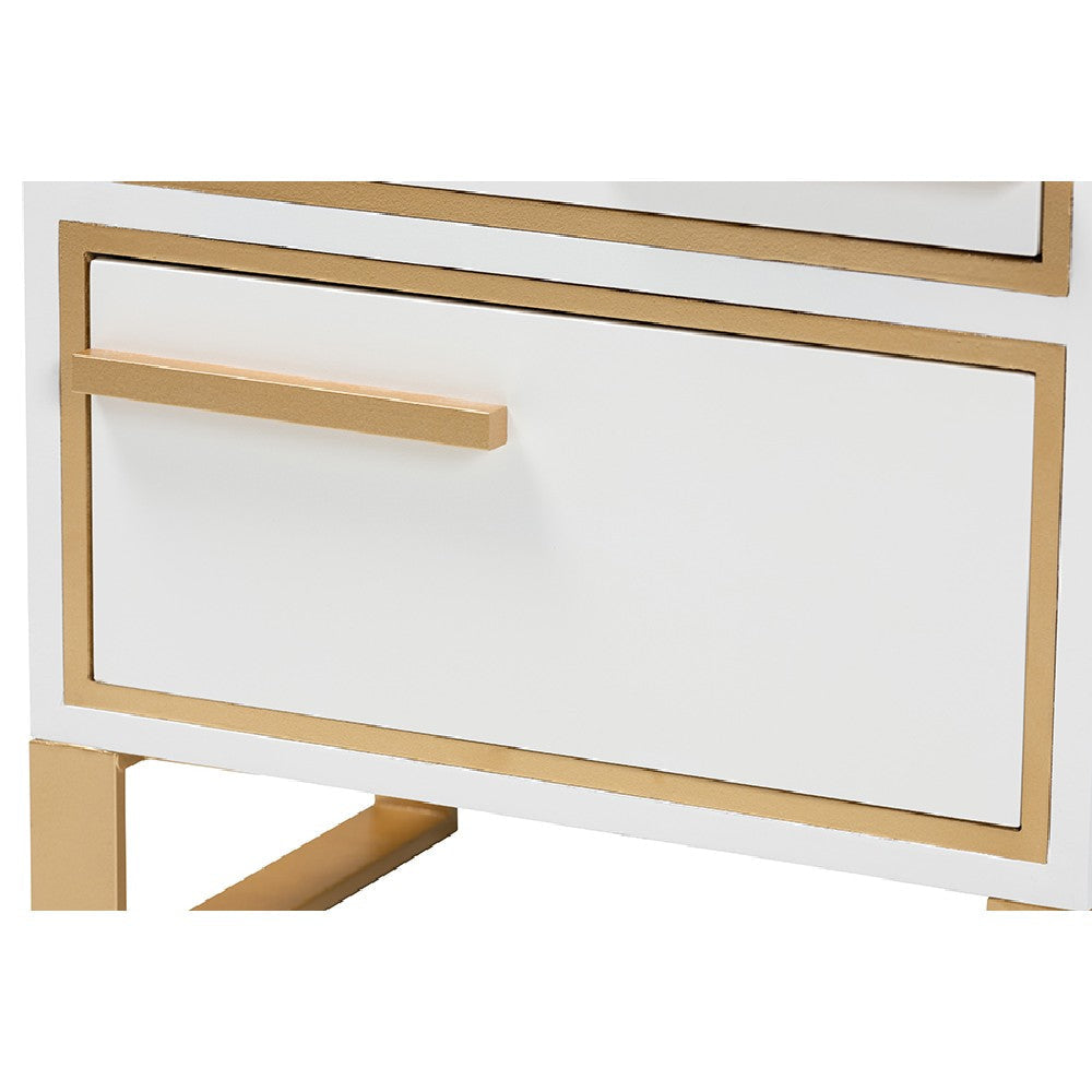 Baxton Studio Giolla Contemporary Glam and Luxe White Finished Wood and Gold Metal 2-Drawer End Table WHI-JY21A014-Wood-Metal-White-Gold-ET