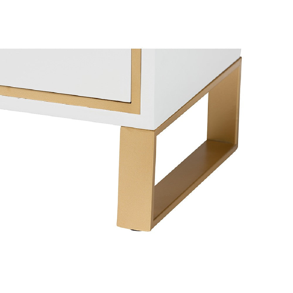 Baxton Studio Giolla Contemporary Glam and Luxe White Finished Wood and Gold Metal 2-Drawer End Table WHI-JY21A014-Wood-Metal-White-Gold-ET