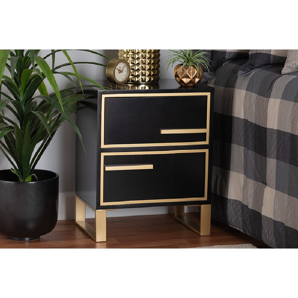 Baxton Studio Giolla Contemporary Glam and Luxe Black Finished Wood and Gold Metal 2-Drawer End Table WHI-JY21A015-Wood-Metal-Black-Gold-ET