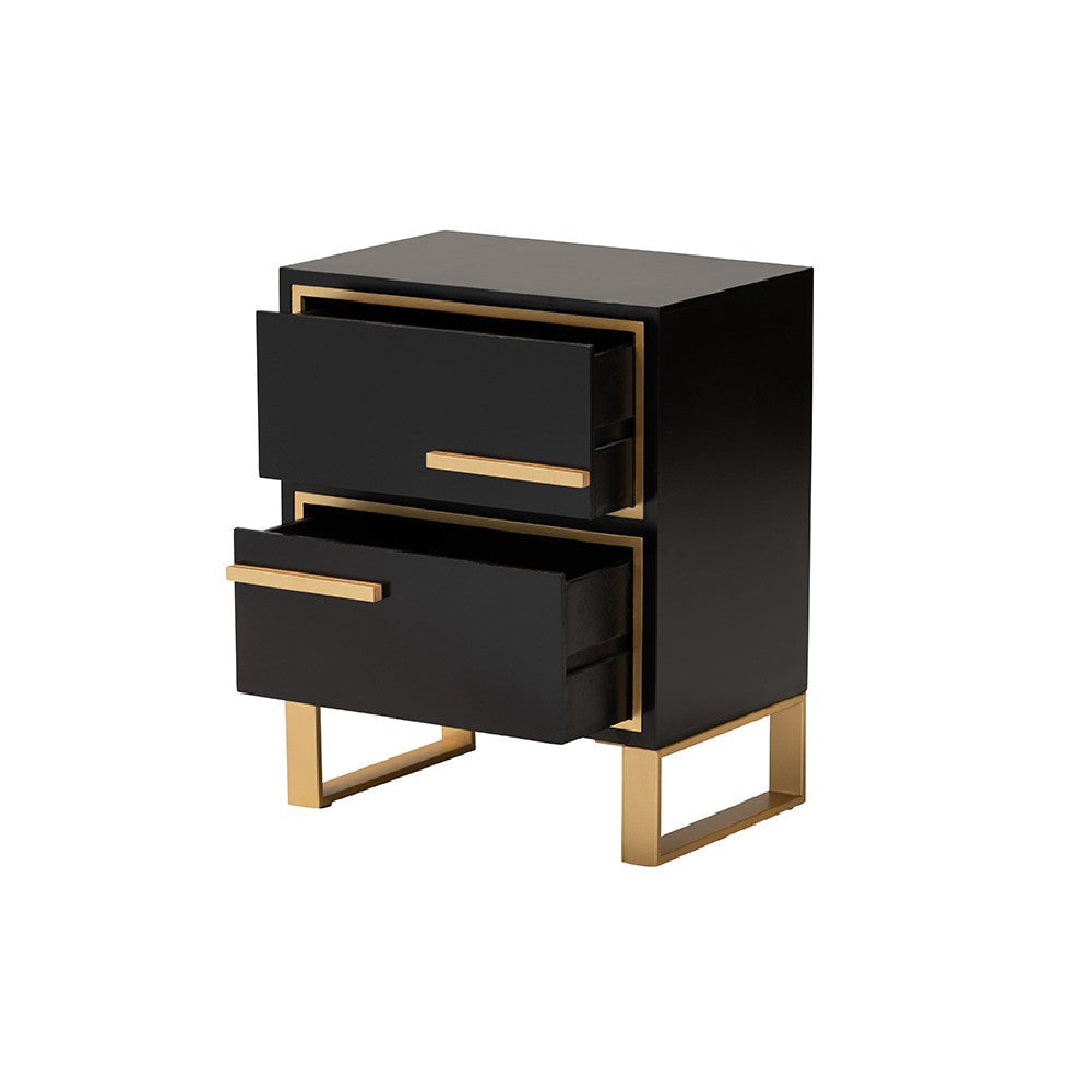 Baxton Studio Giolla Contemporary Glam and Luxe Black Finished Wood and Gold Metal 2-Drawer End Table WHI-JY21A015-Wood-Metal-Black-Gold-ET