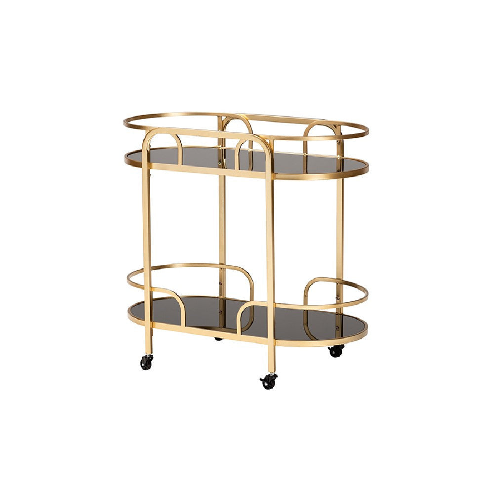 Baxton Studio Leighton Contemporary Glam and Luxe Gold Metal and Tempered Glass 2-Tier Wine Cart WHI-JY21A019-Gold-Cart