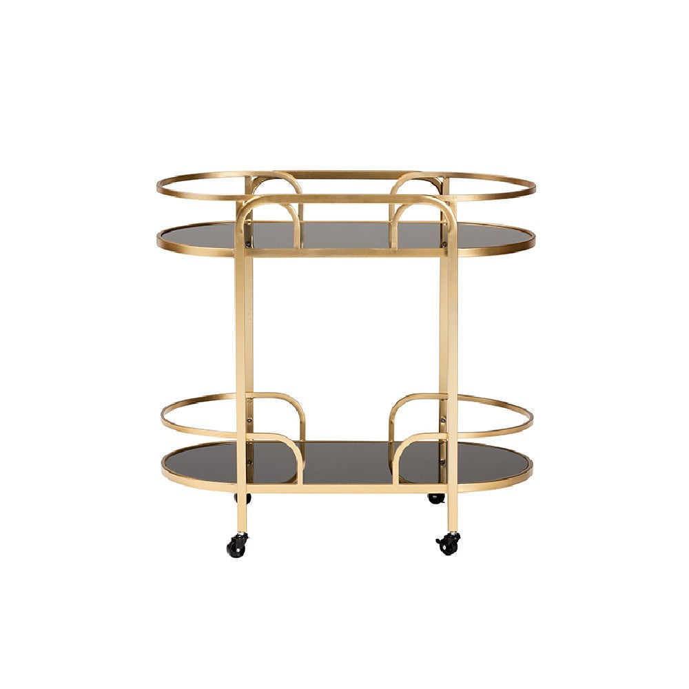 Baxton Studio Leighton Contemporary Glam and Luxe Gold Metal and Tempered Glass 2-Tier Wine Cart WHI-JY21A019-Gold-Cart