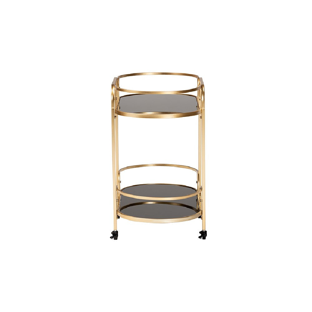 Baxton Studio Leighton Contemporary Glam and Luxe Gold Metal and Tempered Glass 2-Tier Wine Cart WHI-JY21A019-Gold-Cart