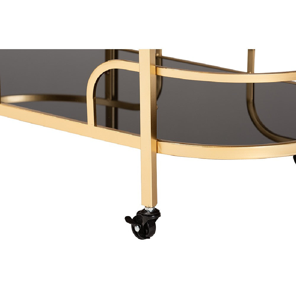 Baxton Studio Leighton Contemporary Glam and Luxe Gold Metal and Tempered Glass 2-Tier Wine Cart WHI-JY21A019-Gold-Cart