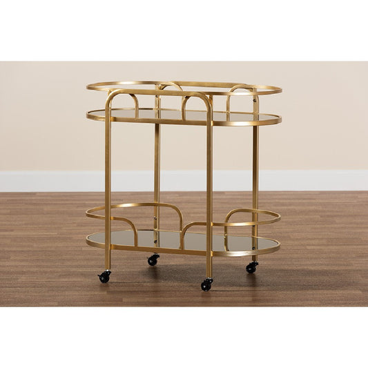 Baxton Studio Leighton Contemporary Glam and Luxe Gold Metal and Tempered Glass 2-Tier Wine Cart