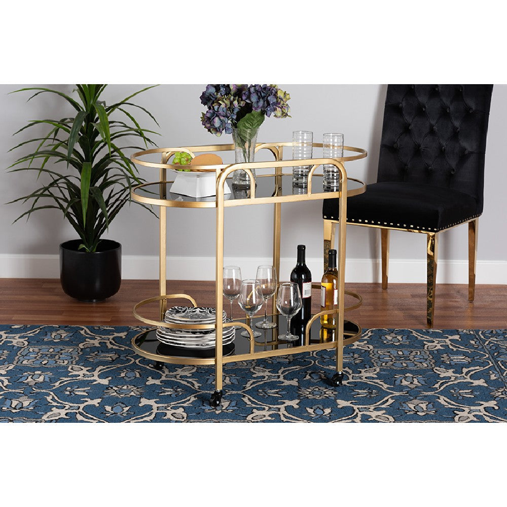 Baxton Studio Leighton Contemporary Glam and Luxe Gold Metal and Tempered Glass 2-Tier Wine Cart WHI-JY21A019-Gold-Cart