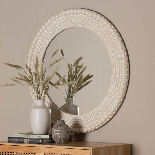 Baxton Studio Grazia Modern Round Beaded-framed Accent Mirror in Pearl White