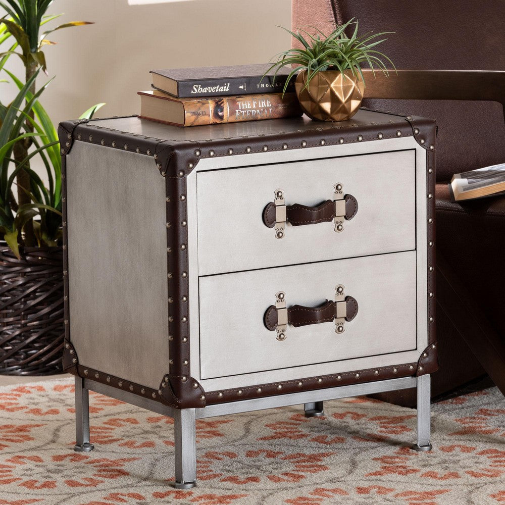 Baxton Studio Jacey Vintage Silver Metal 2-Drawer End Table WHI-JY24A032-Wooden-Cabinet