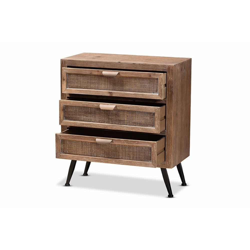 Baxton Studio Calida Mid-Century Modern Whitewashed Natural Brown Finished Wood and Rattan 3-Drawer Storage Cabinet