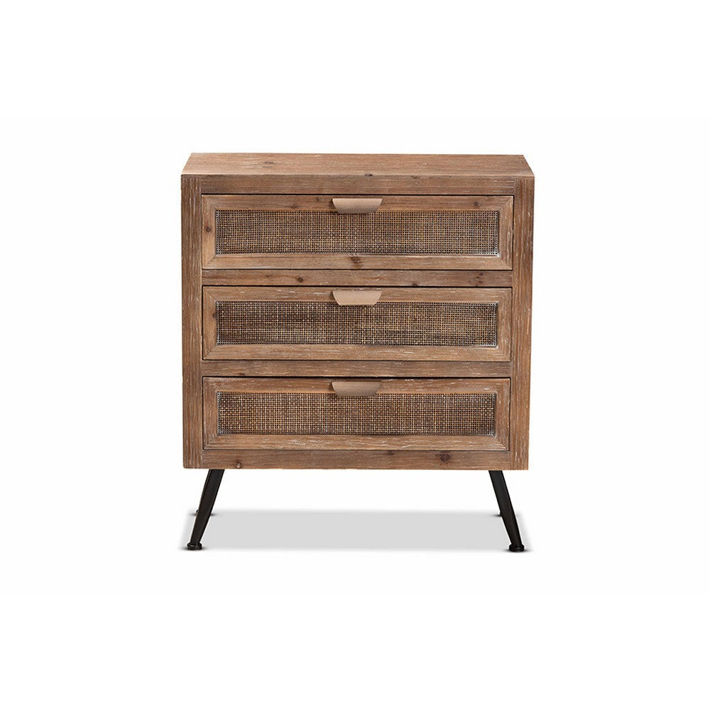 Baxton Studio Calida Mid-Century Modern Whitewashed Natural Brown Finished Wood and Rattan 3-Drawer Storage Cabinet
