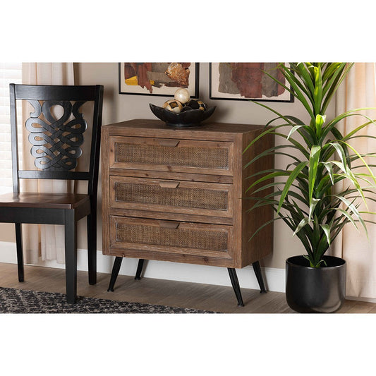 Baxton Studio Calida Mid-Century Modern Whitewashed Natural Brown Finished Wood and Rattan 3-Drawer Storage Cabinet