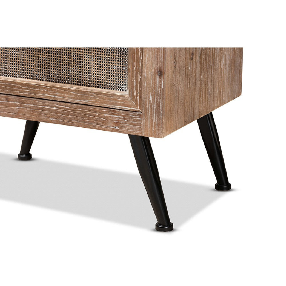 Baxton Studio Calida Mid-Century Modern Whitewashed Natural Brown Finished Wood and Rattan 2-Drawer End Table WHI-JYCR19B-007-Rattan-ET