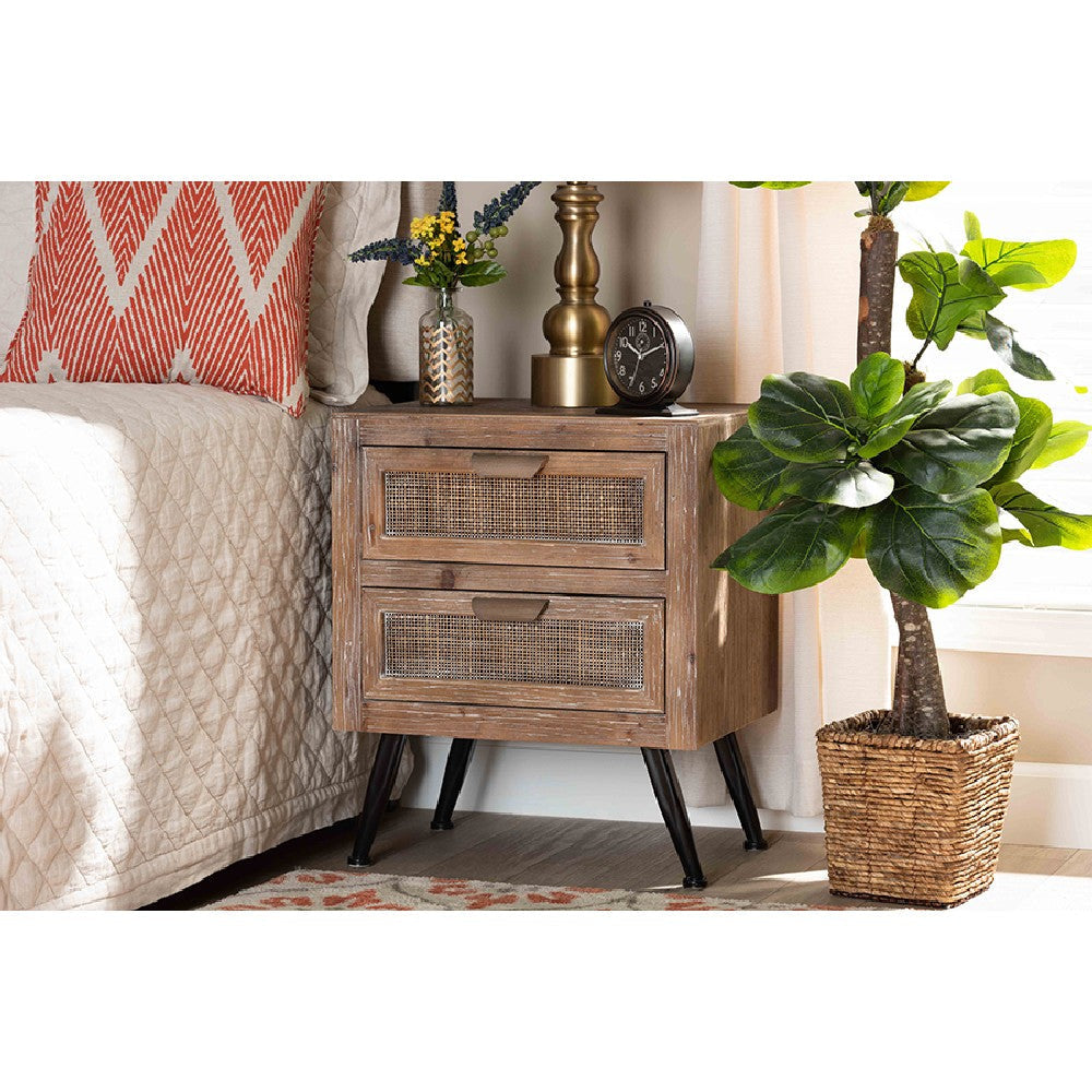Baxton Studio Calida Mid-Century Modern Whitewashed Natural Brown Finished Wood and Rattan 2-Drawer End Table WHI-JYCR19B-007-Rattan-ET