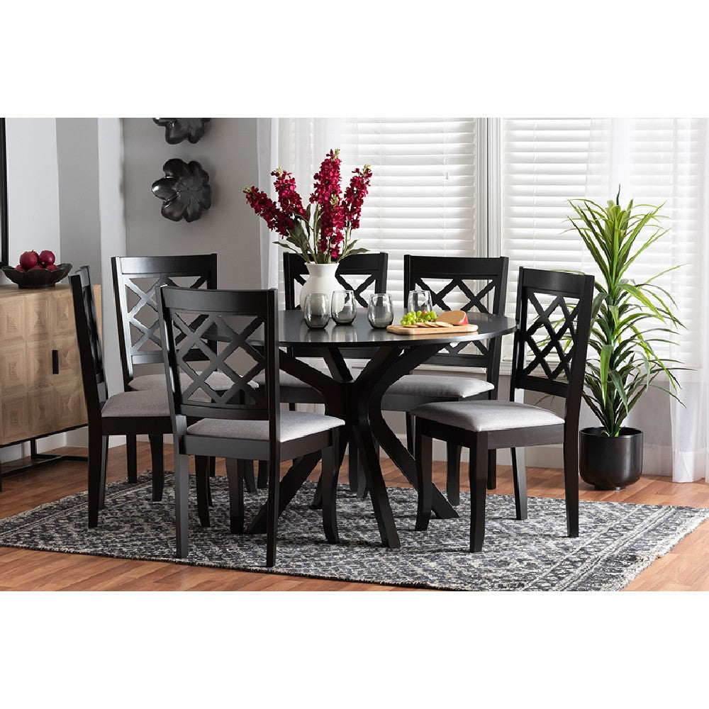 Baxton Studio Jana Modern Grey Fabric and Espresso Brown Finished Wood 7-Piece Dining Set WHI-Jana-Grey-Dark-Brown-7PC-Dining-Set