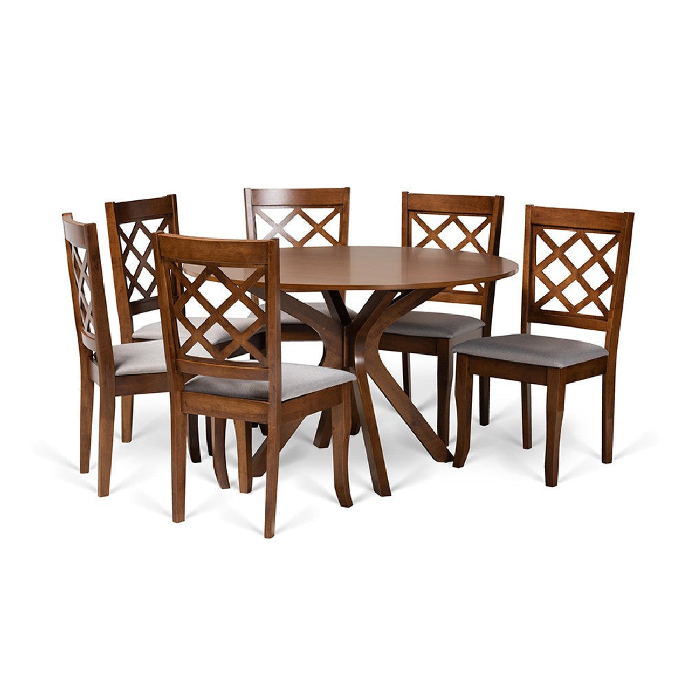 Baxton Studio Jana Modern and Contemporary Grey Fabric Upholstered and Walnut Brown Finished Wood 7-Piece Dining Set