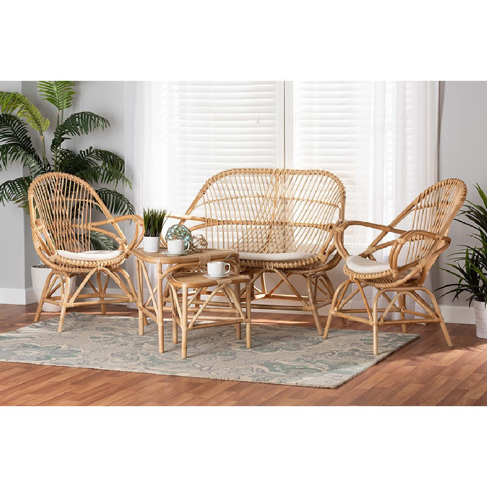 Baxton Studio Jayden Modern Bohemian White Fabric Upholstered and Natural Brown Finished Rattan 5-Piece Living Room Set
