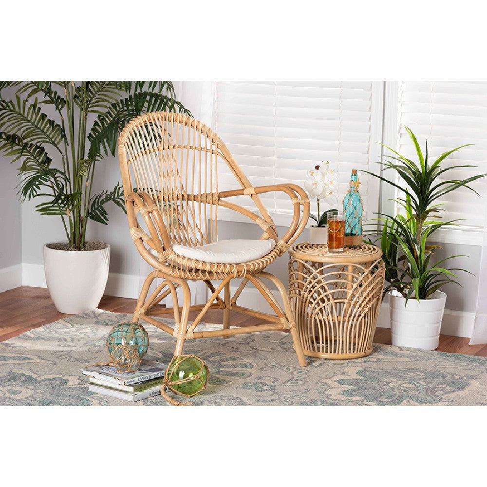 bali & pari Jayden Modern Bohemian White Fabric Upholstered and Natural Brown Finished Rattan Accent Chair WHI-Jayden-Rattan-CC
