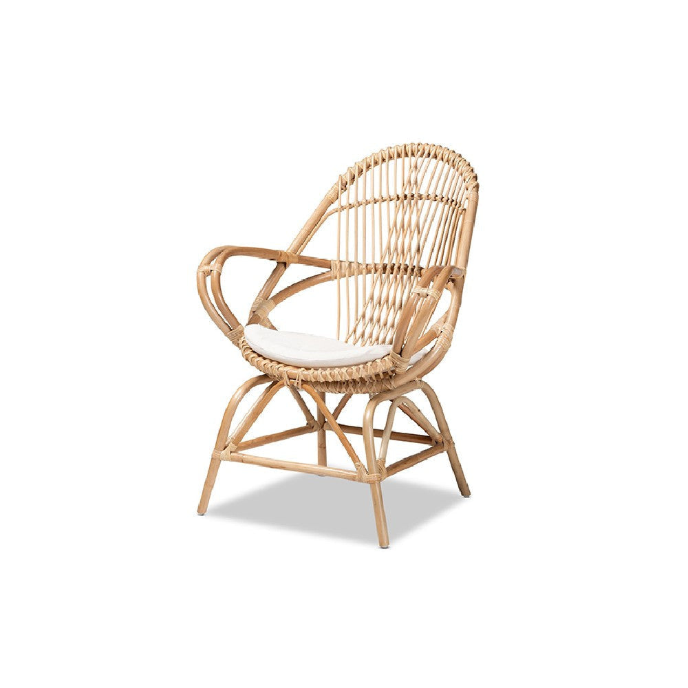 bali & pari Jayden Modern Bohemian White Fabric Upholstered and Natural Brown Finished Rattan Accent Chair WHI-Jayden-Rattan-CC