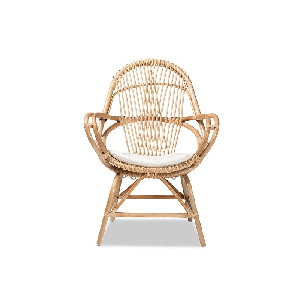 bali & pari Jayden Modern Bohemian White Fabric Upholstered and Natural Brown Finished Rattan Accent Chair WHI-Jayden-Rattan-CC