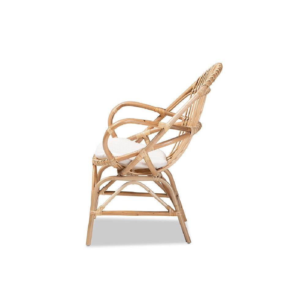 bali & pari Jayden Modern Bohemian White Fabric Upholstered and Natural Brown Finished Rattan Accent Chair WHI-Jayden-Rattan-CC