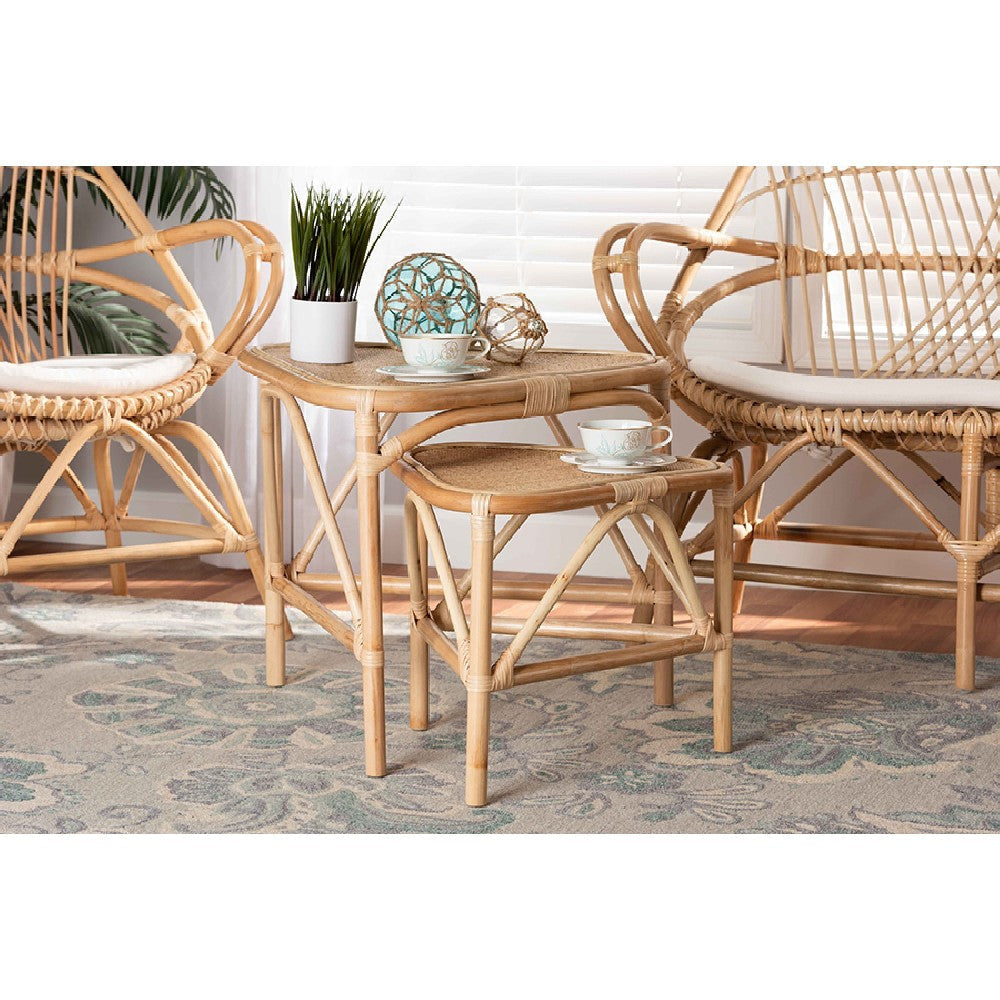 bali & pari Jayden Modern Bohemian Natural Brown Finished Rattan 2-Piece End Table Set WHI-Jayden-Rattan-ET-Set