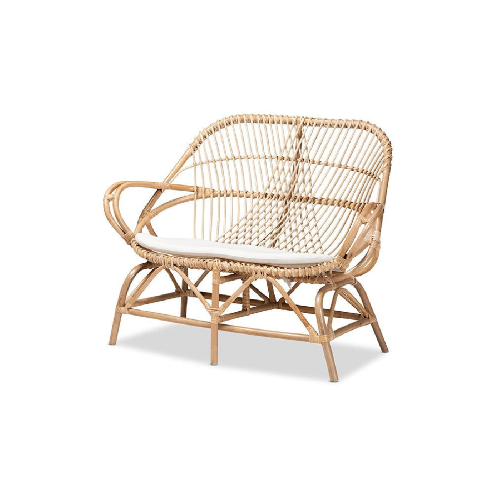 bali & pari Jayden Modern Bohemian White Fabric Upholstered and Natural Brown Finished Rattan Loveseat WHI-Jayden-Rattan-LS