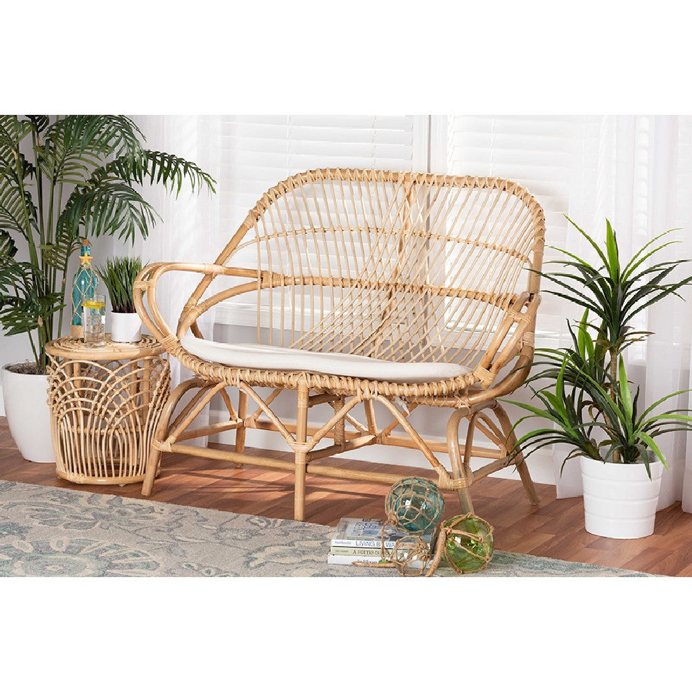 bali & pari Jayden Modern Bohemian White Fabric Upholstered and Natural Brown Finished Rattan Loveseat WHI-Jayden-Rattan-LS
