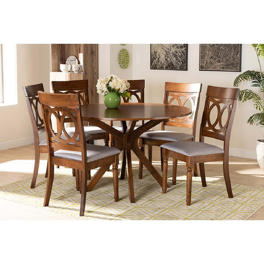 Baxton Studio Jessie Modern and Contemporary Grey Fabric Upholstered and Walnut Brown Finished Wood 7-Piece Dining Set