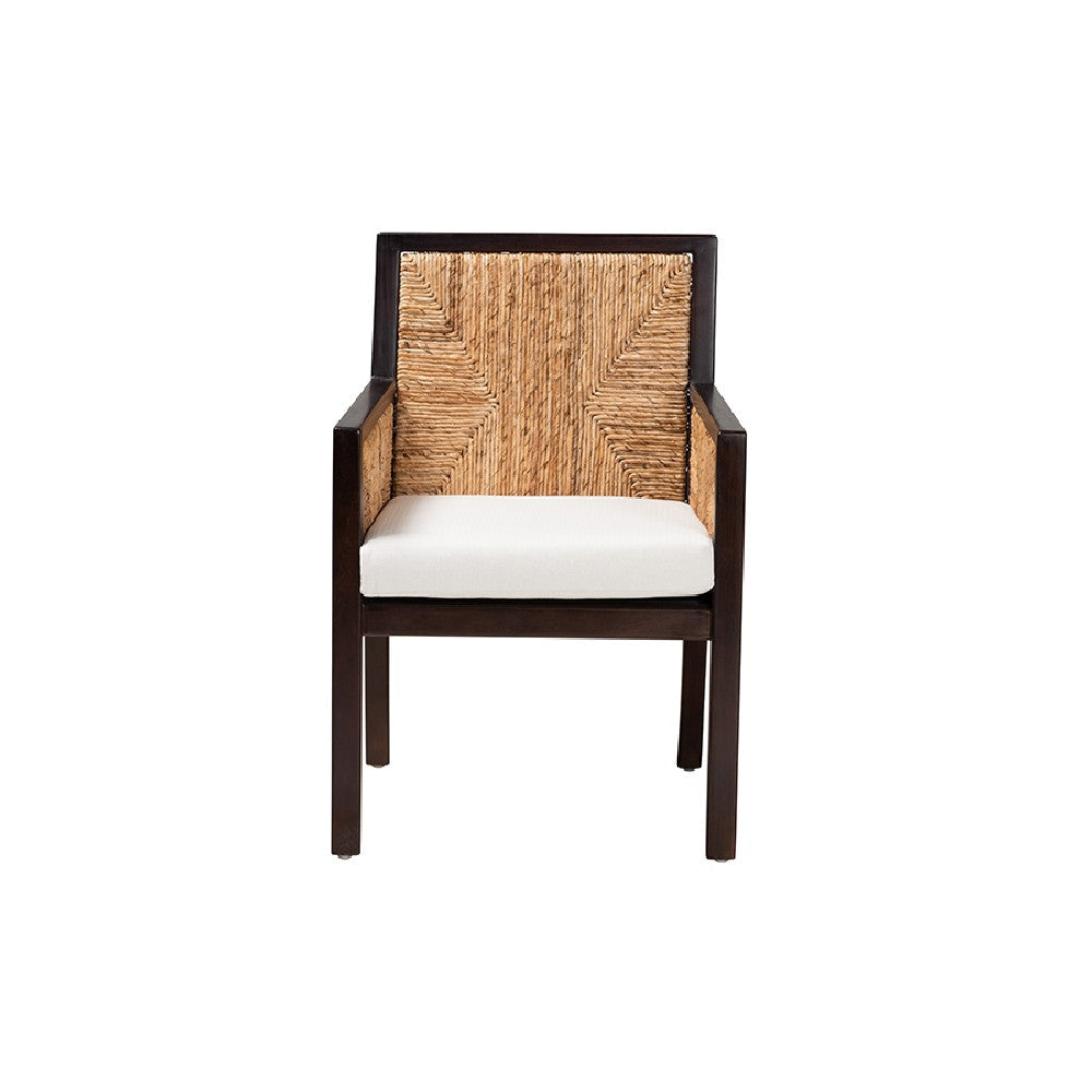 bali & pari Joana Modern Bohemian Dark Brown Mahogany Wood and Natural Seagrass Dining Arm Chair WHI-Joana-Mahogany-AC