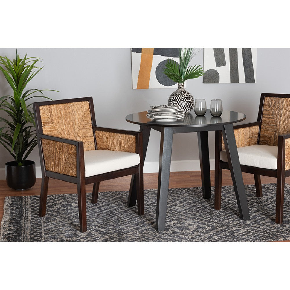 bali & pari Joana Modern Bohemian Dark Brown Mahogany Wood and Natural Seagrass Dining Arm Chair WHI-Joana-Mahogany-AC