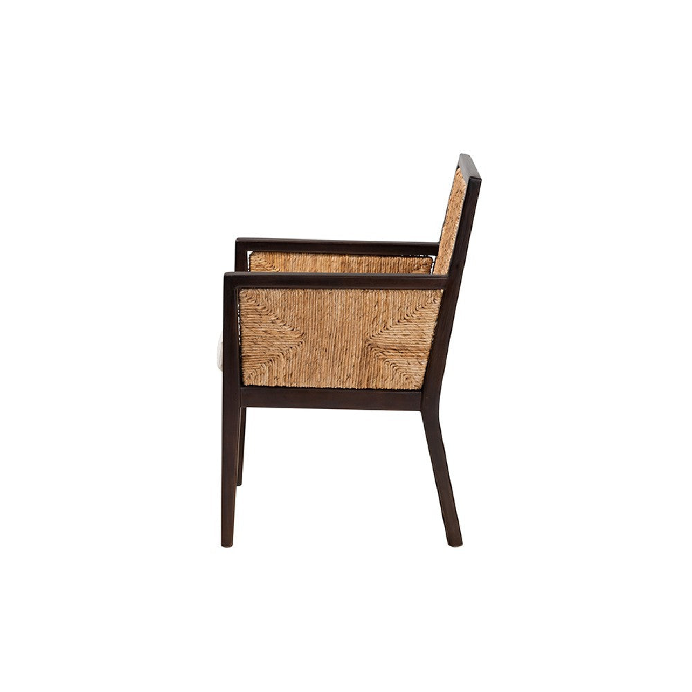 bali & pari Joana Modern Bohemian Dark Brown Mahogany Wood and Natural Seagrass Dining Arm Chair WHI-Joana-Mahogany-AC