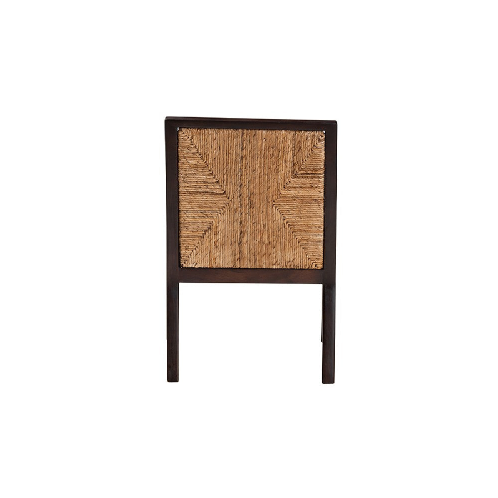 bali & pari Joana Modern Bohemian Dark Brown Mahogany Wood and Natural Seagrass Dining Arm Chair WHI-Joana-Mahogany-AC