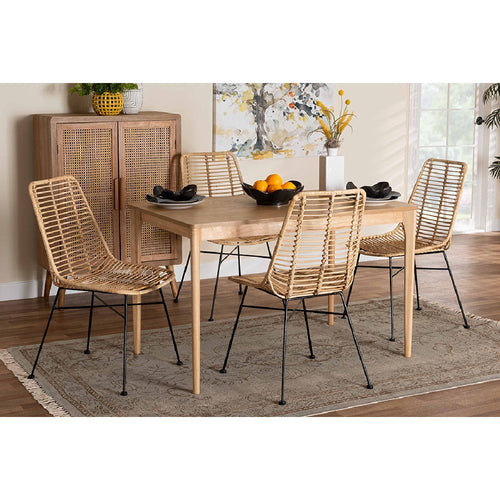 Baxton Studio Manhattan Modern Bohemian Rattan and Natural Oak Finished Wood 5-Piece Dining Set
