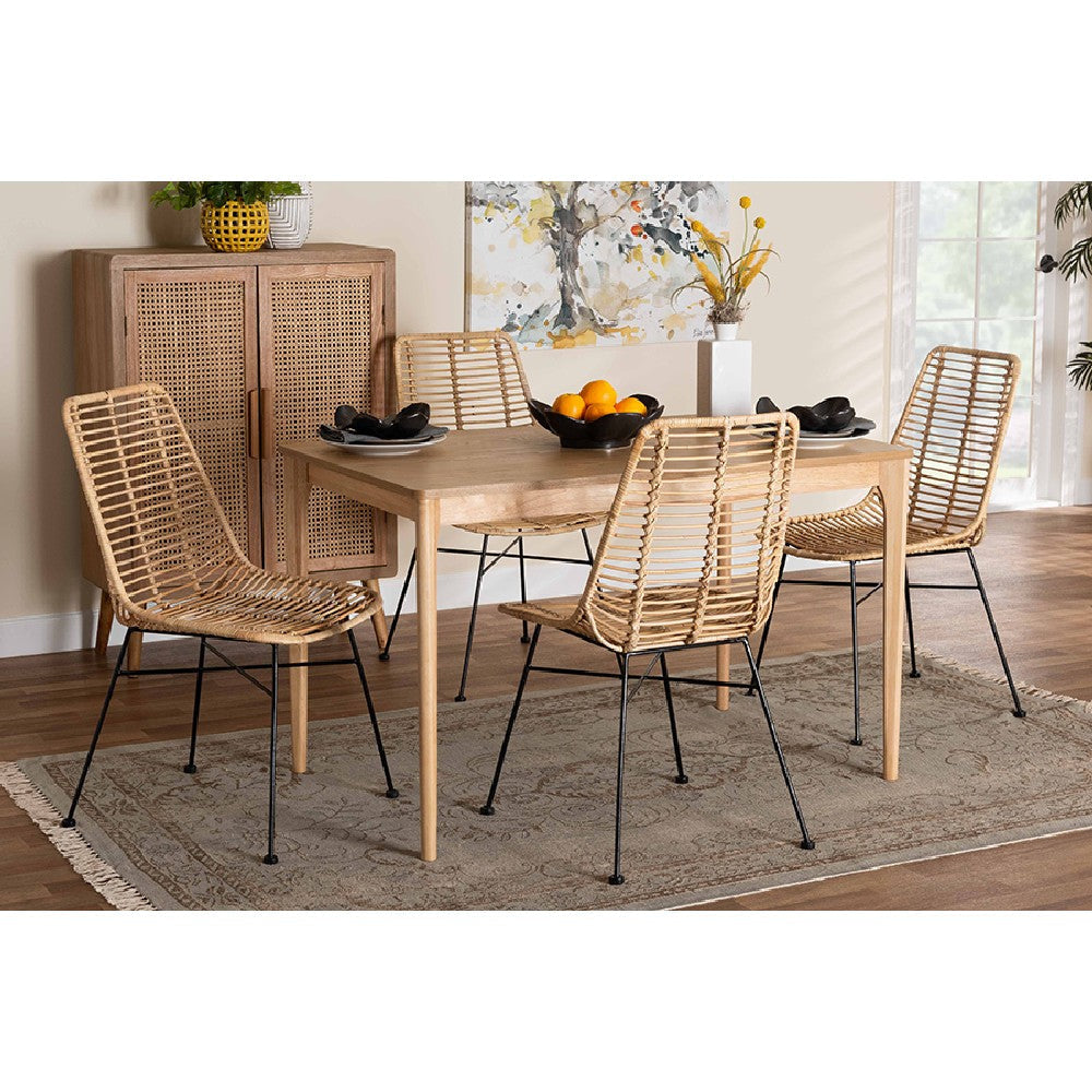 Baxton Studio Manhattan Modern Bohemian Rattan and Natural Oak Finished Wood 5-Piece Dining Set