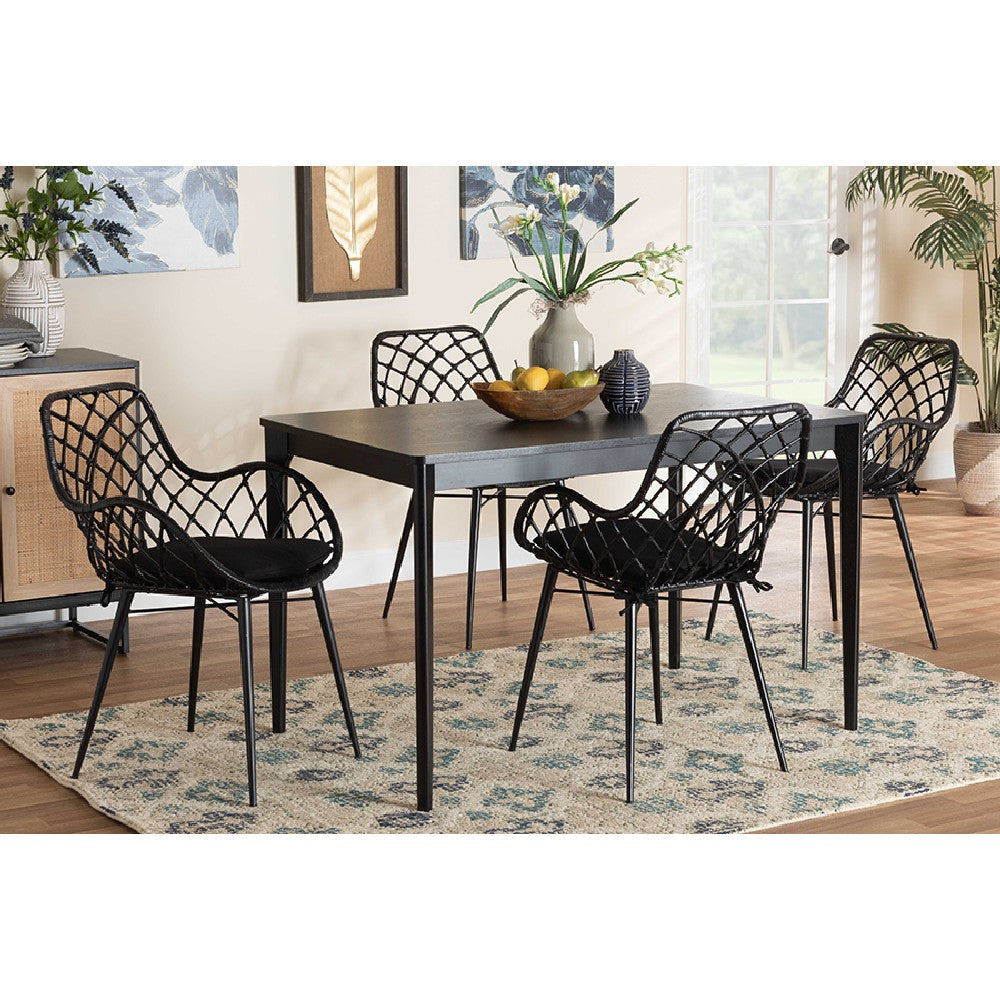 Baxton Studio Ballerina Modern Bohemian Black Finished Wood and Rattan 5-Piece Dining Set