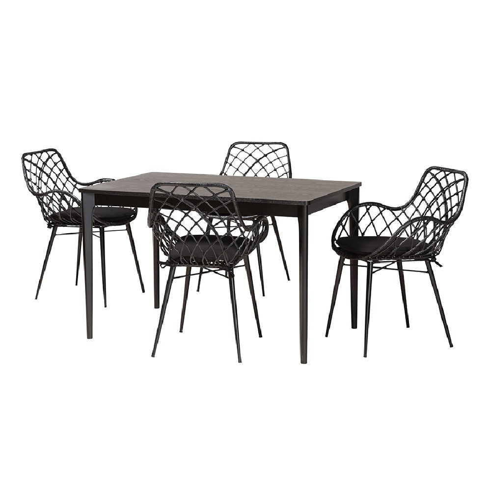 Baxton Studio Ballerina Modern Bohemian Black Finished Wood and Rattan 5-Piece Dining Set WHI-KYG003C-Black-5PC-Dining-Set