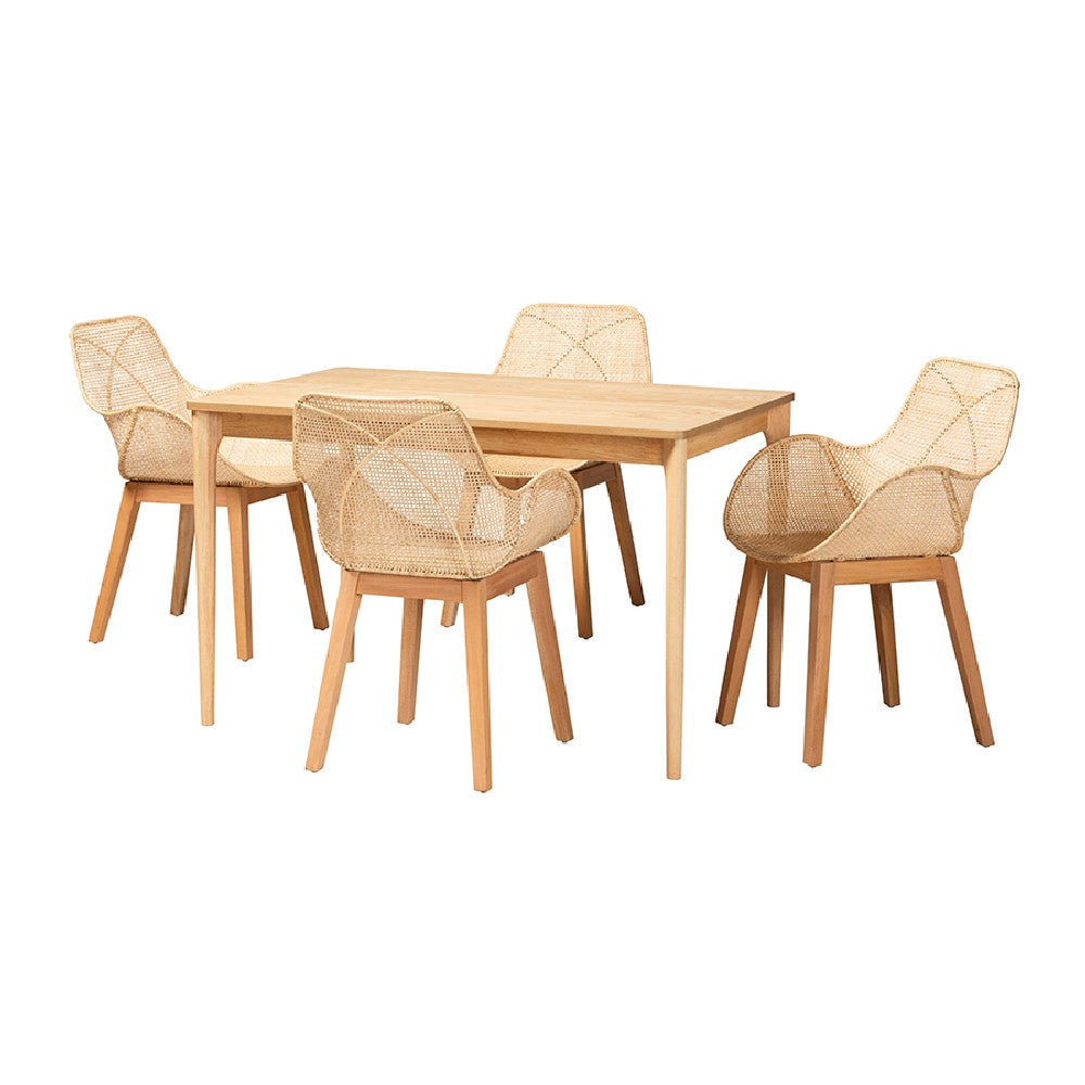 Baxton Studio Ballerina Japandi Natural Brown Mahogany Wood and Rattan 5-Piece Dining Set WHI-KYG006C-Natural-5PC-Dining-Set
