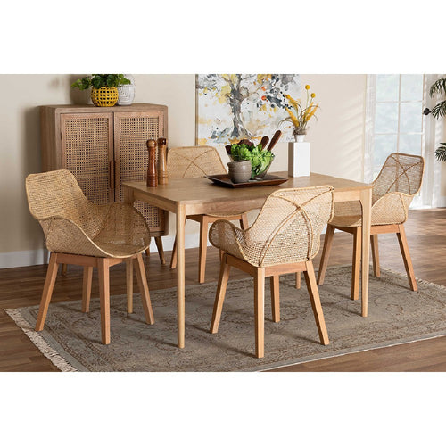 Baxton Studio Ballerina Japandi Natural Brown Mahogany Wood and Rattan 5-Piece Dining Set