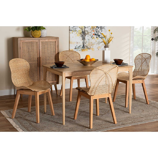 Baxton Studio Sabelle Japandi Natural Brown Mahogany Wood and Rattan 5-Piece Dining Set