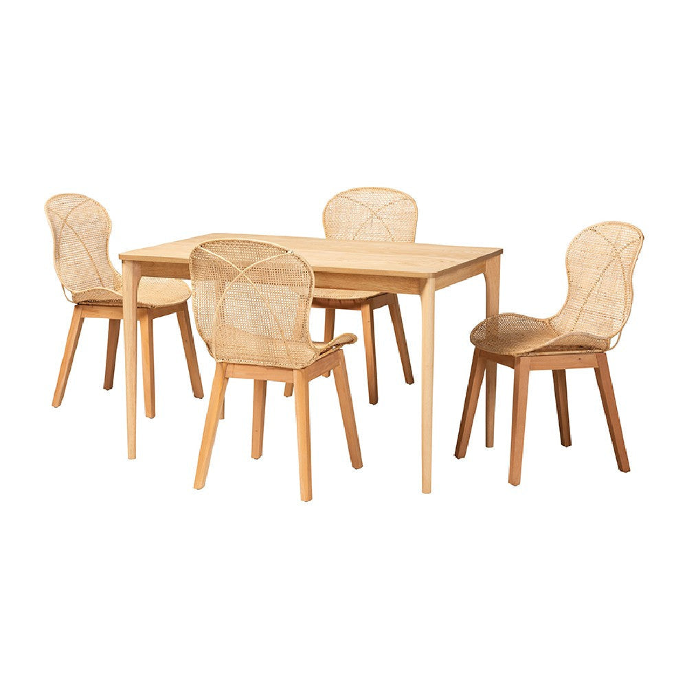 Baxton Studio Sabelle Japandi Natural Brown Mahogany Wood and Rattan 5-Piece Dining Set WHI-KYG007C-Natural-5PC-Dining-Set