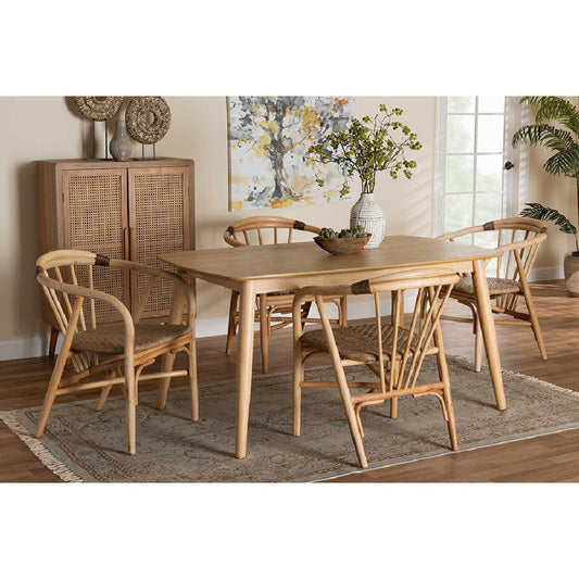 Baxton Studio Kyoto Modern Bohemian Natural Brown Finished Wood and Rattan 5-Piece Dining Set