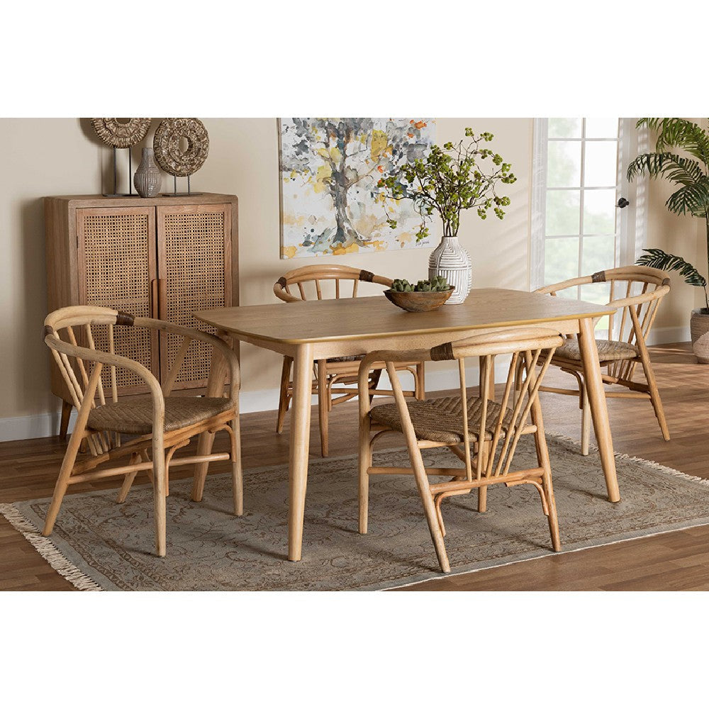 Baxton Studio Kyoto Modern Bohemian Natural Brown Finished Wood and Rattan 5-Piece Dining Set