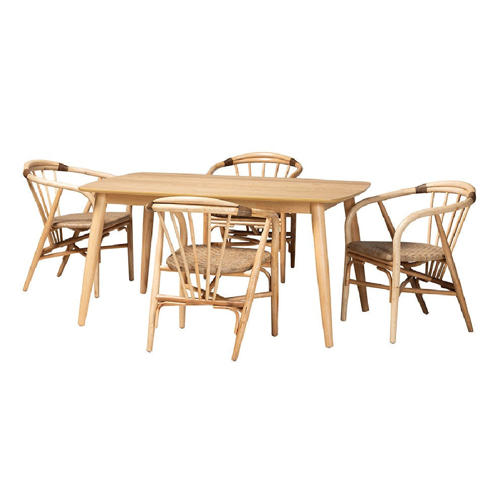 Baxton Studio Kyoto Modern Bohemian Natural Brown Finished Wood and Rattan 5-Piece Dining Set WHI-KYG008C-Natural-5PC-Dining-Set
