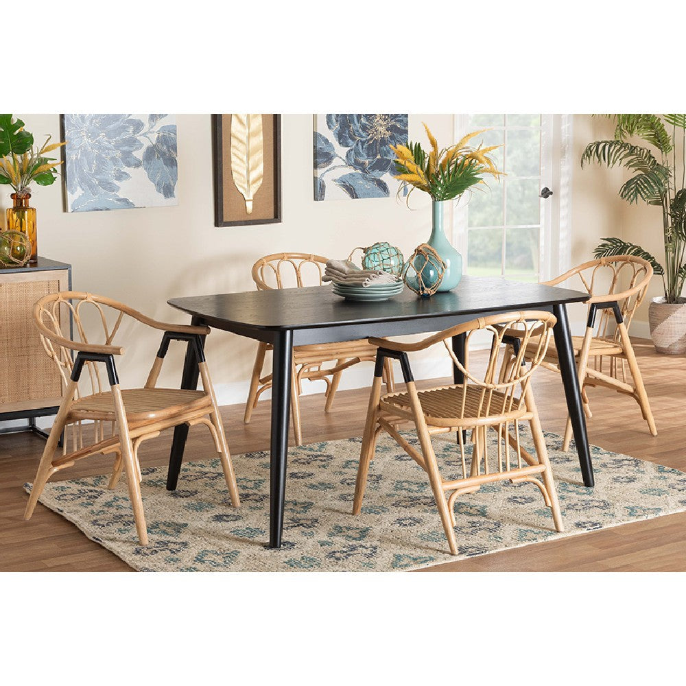 Baxton Studio Cyntia Modern Bohemian Black Finished Wood and Natural Rattan 5-Piece Dining Set