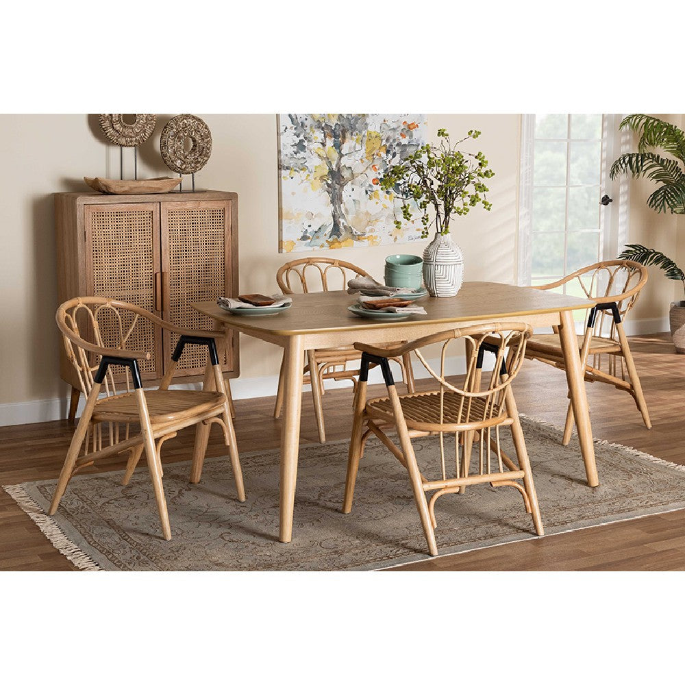 Baxton Studio Cyntia Modern Bohemian Natural Brown Finished Wood and Rattan 5-Piece Dining Set