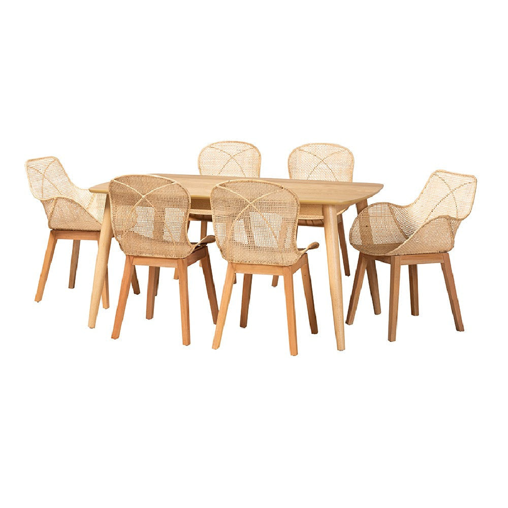 Baxton Studio Emmali Modern Bohemian Natural Brown Finished Wood and Rattan 7-Piece Dining Set WHI-KYG015C-Natural-7PC-Dining-Set