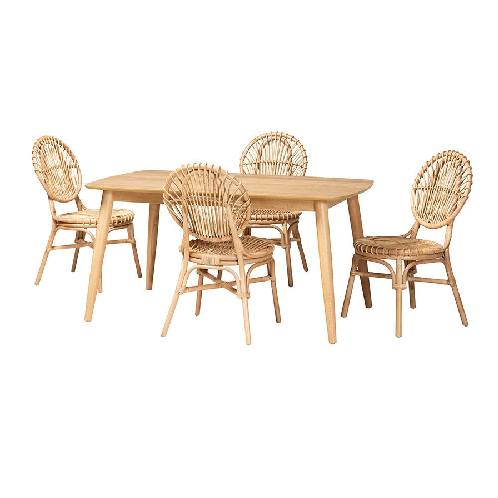 Baxton Studio Iris Modern Bohemian Natural Brown Rattan 5-Piece Dining Set WHI-KYG016C-Natural-5PC-Dining-Set